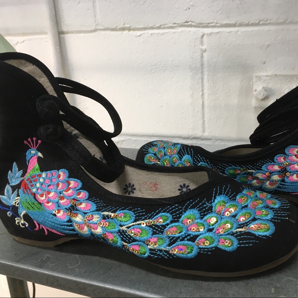 Unique Asian-inspired Embroidered Peacock Shoes